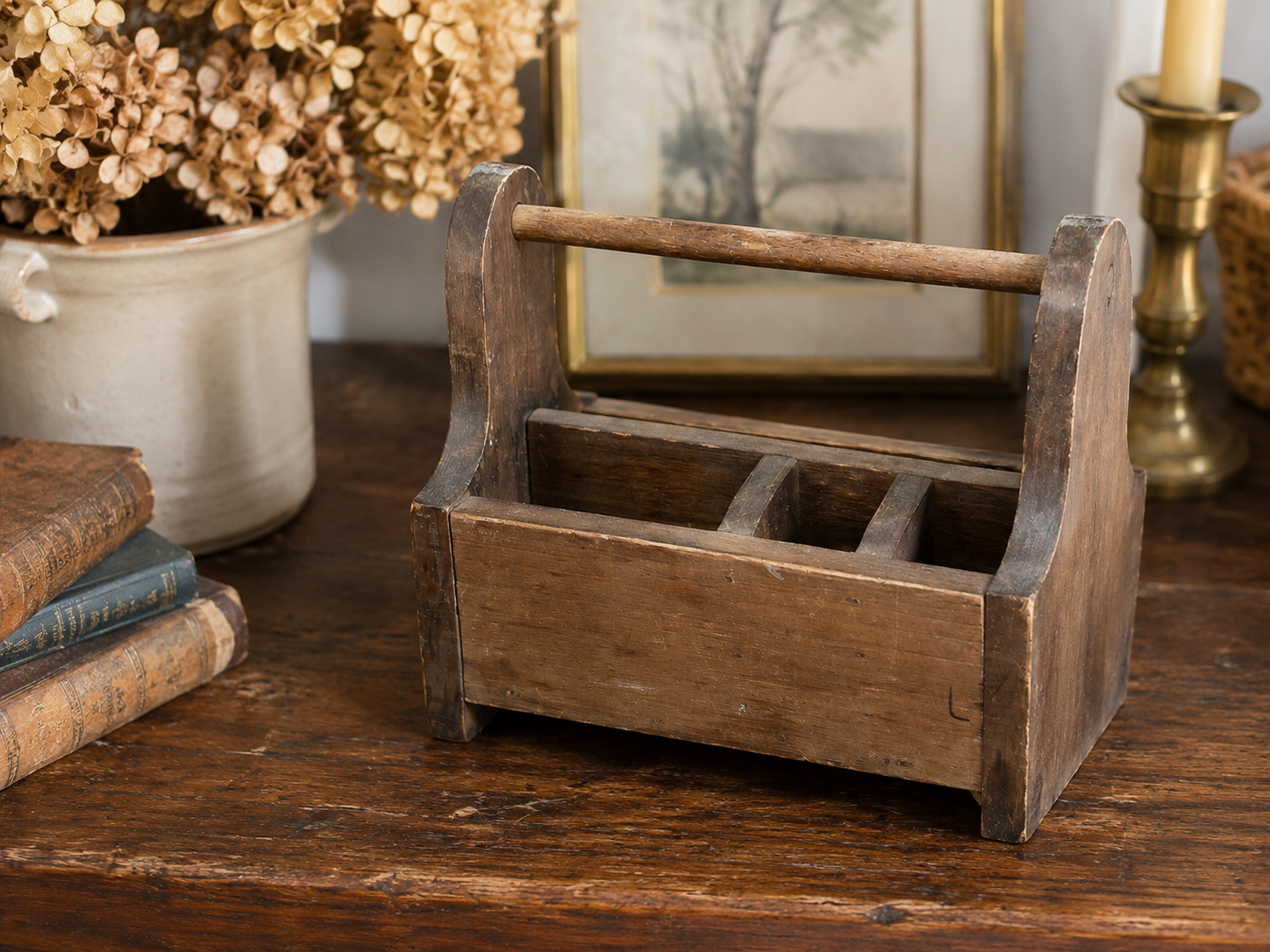 Vintage Rustic Wooden Divided Carry Caddy