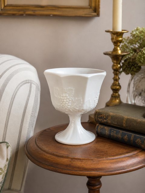 Vintage Milk Glass Pedestal Compote with Grape Motif