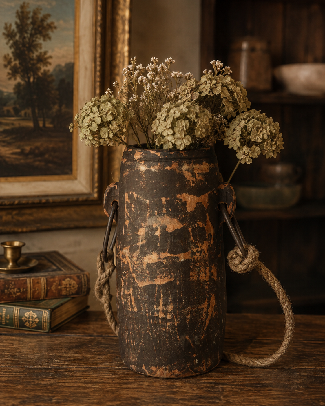 Rustic Wooden Decorative Vessel with Rope Handle