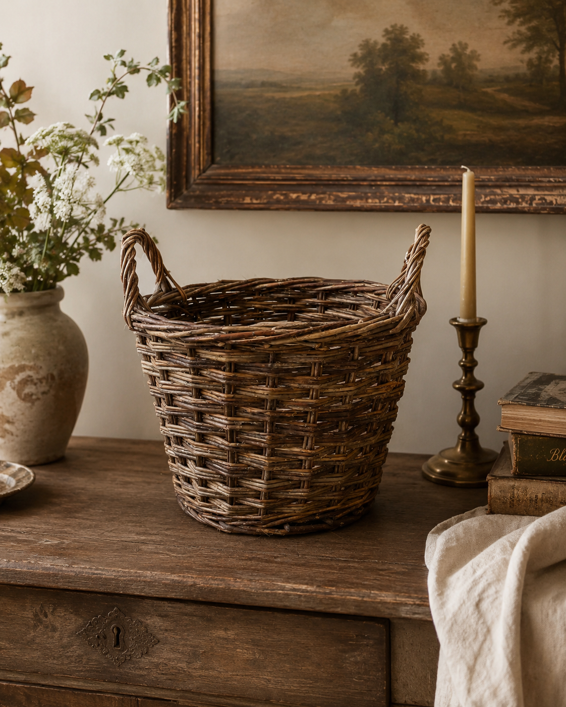 Vintage Rustic Wicker Storage Basket with Side Handles
