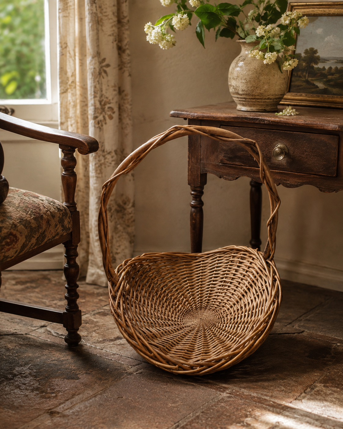 Large Vintage Woven Wicker Gathering Basket