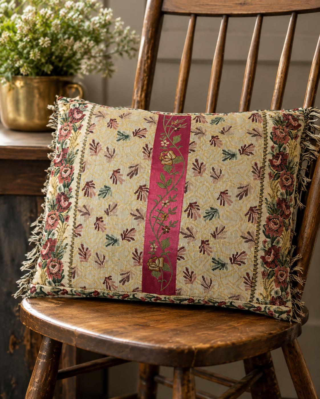Vintage Floral Tapestry Accent Pillow with Fringe