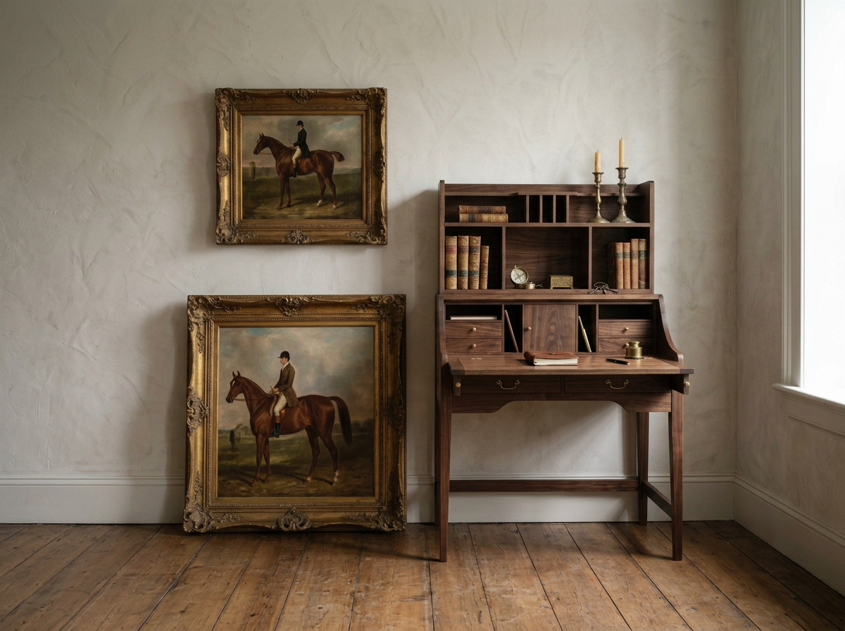 Interior of a room with two equestrian paintings in ornate frames leaning against a cream-colored textured wall, a wooden secretary desk with open shelves and closed compartments, and a window on the right side.