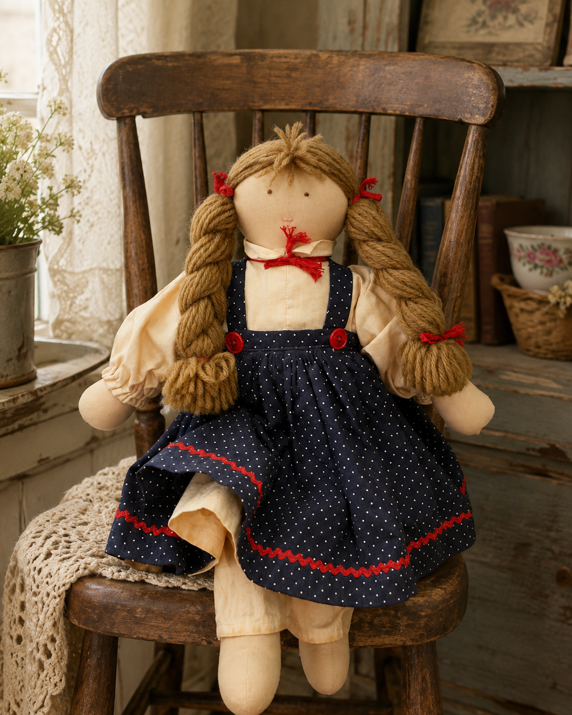 Vintage Handmade Rag Doll in Navy Pinafore