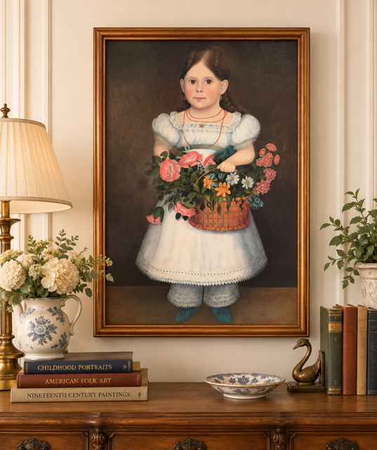 Vintage "Girl with Flowers" - After an American Folk Portrait, c. 1830