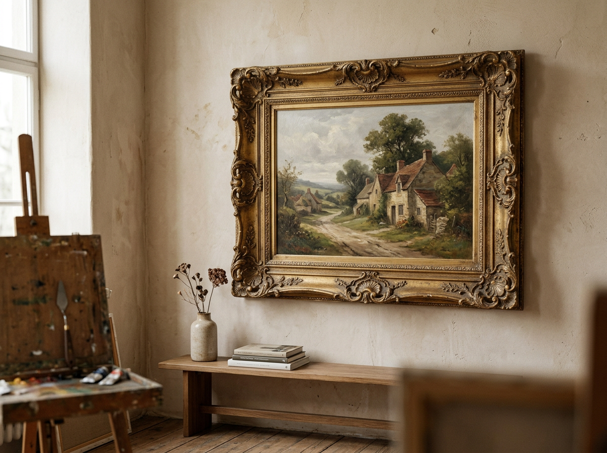 The image shows an interior of an art studio with an easel, a wooden bench, a vase with dried flowers, and a large framed landscape painting of a countryside scene hanging on a rustic, slightly worn wall.