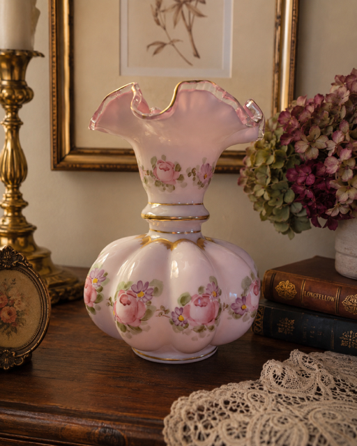 Vintage Fenton Peach Crest Charleton Roses Tall  Vase