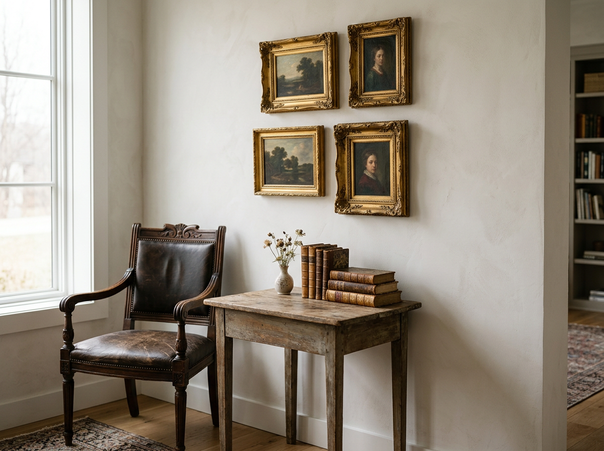 A cozy room corner with a leather armchair, a wooden table with a vase of dried flowers and antique books, and four framed landscape and portrait paintings on the white wall. Natural light from a nearby window illuminates the space.