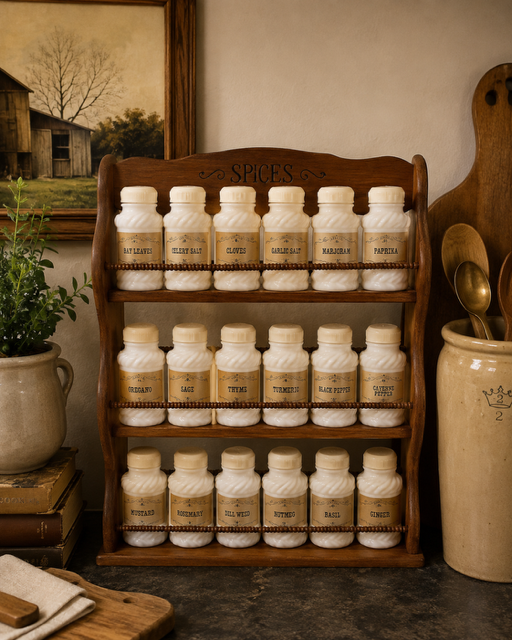 Vintage Wooden Spice Rack with 18 Ceramic Jars