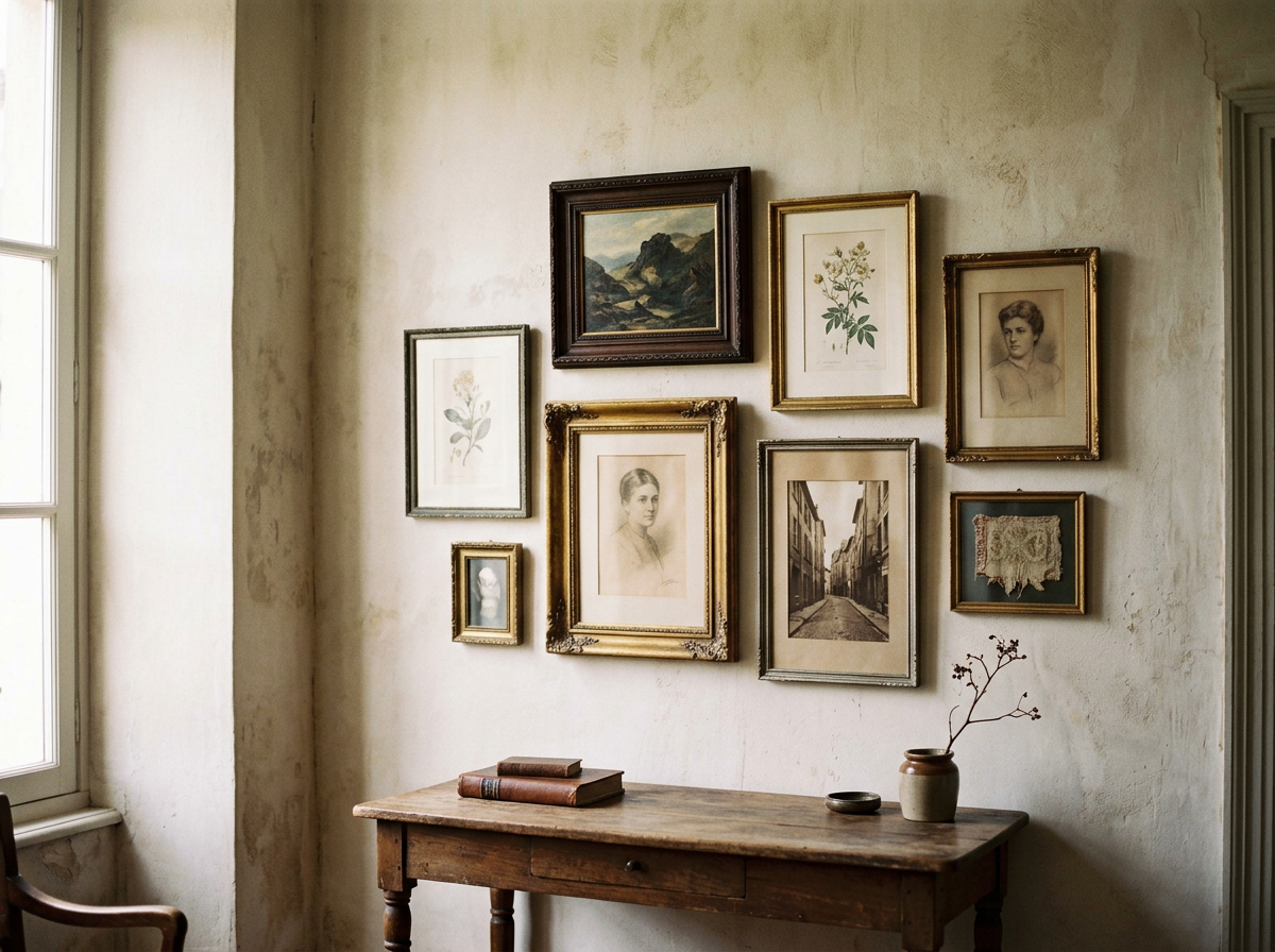 A rustic wooden table with two old books and a small vase with branches, positioned against a worn white wall decorated with nine framed pictures including portraits, landscape paintings, botanical illustrations, and a vintage photograph.
