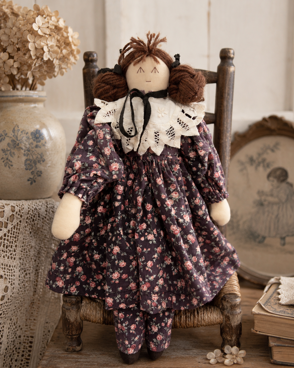 Vintage Handmade Folk Art Rag Doll in Plum Floral Dress
