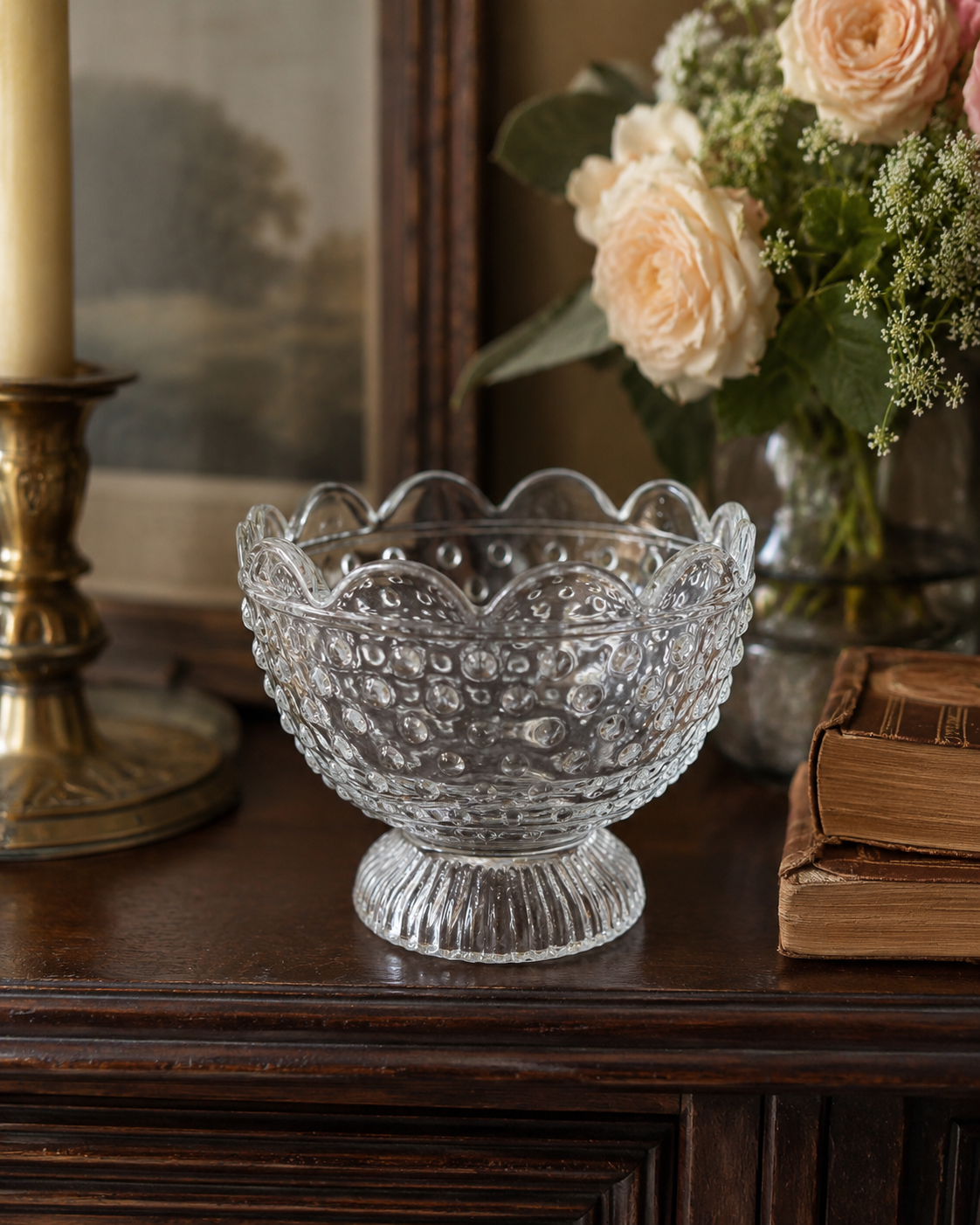 Vintage Clear Hobnail Glass Pedestal Bowl