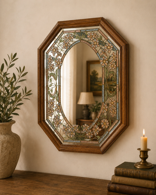 Vintage Octagonal Floral Glass & Wood Miror