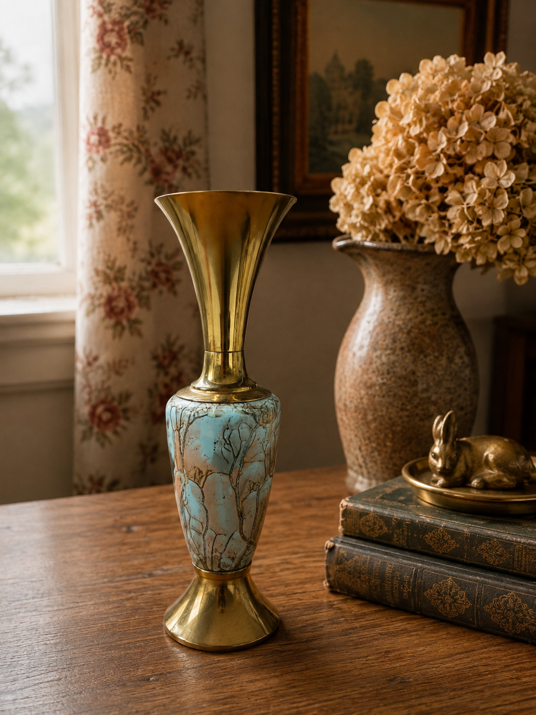 Vintage Brass & Marbled Ceramic Trumpet Vase