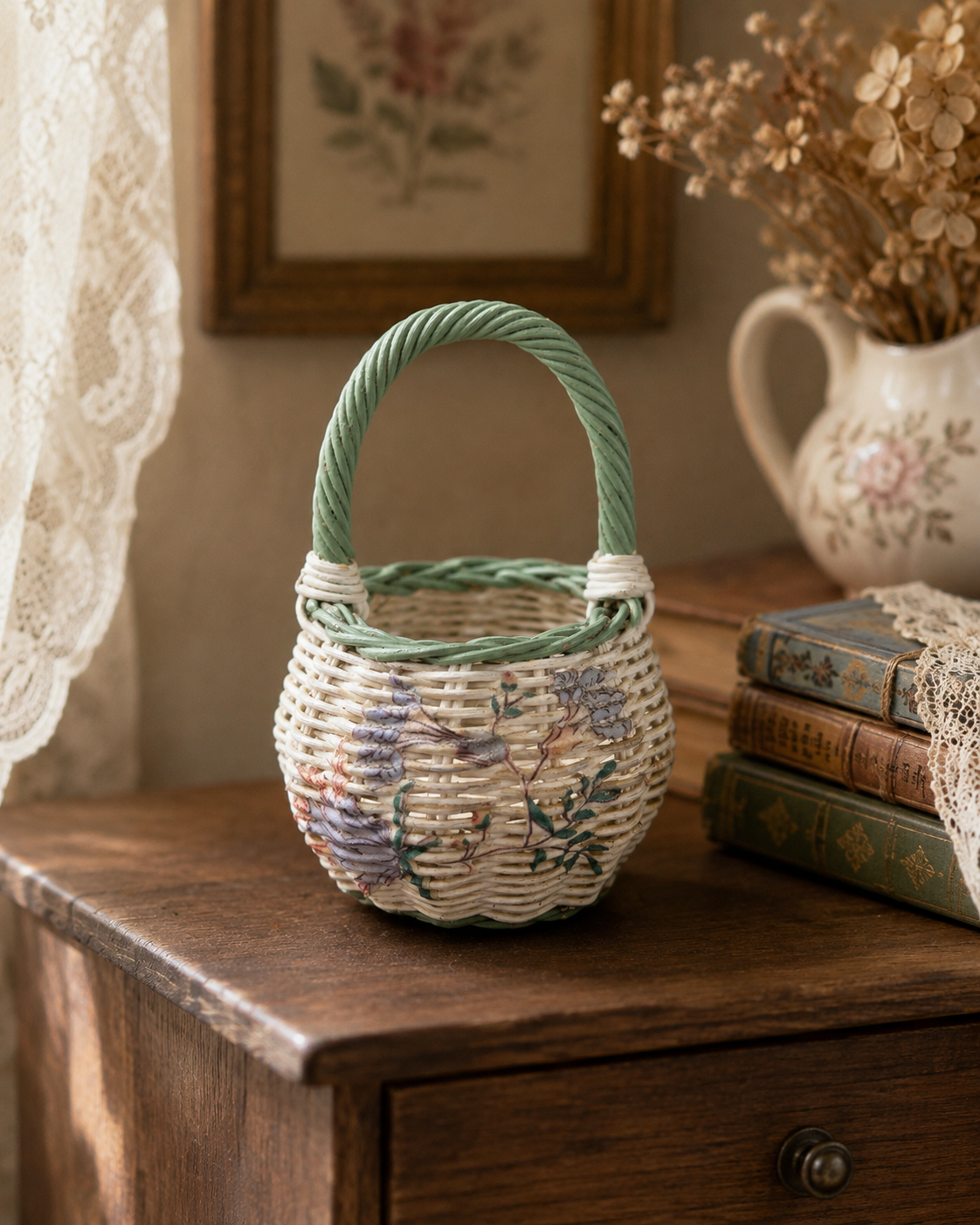 Miniature Floral Wicker Basket with Sage Green Handle