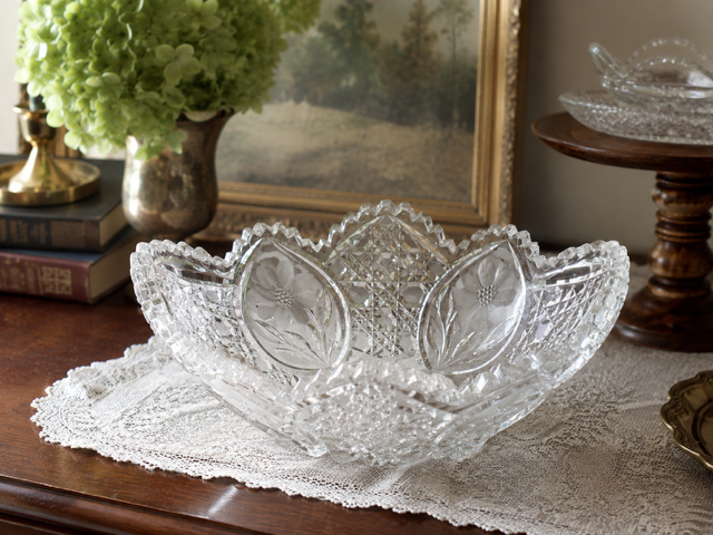 Vintage Crystal Floral Serving Bowl