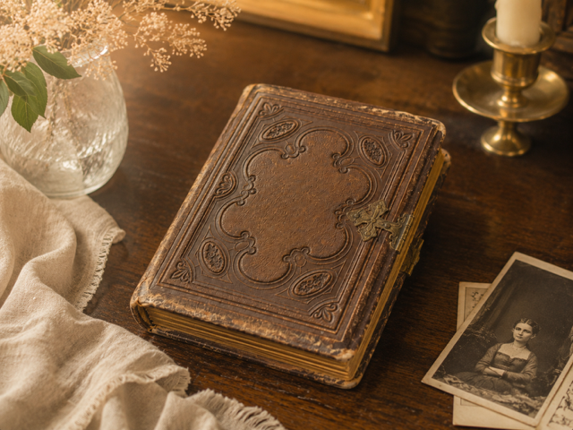Antique Embossed  Leather Photo Album with Brass Clasp
