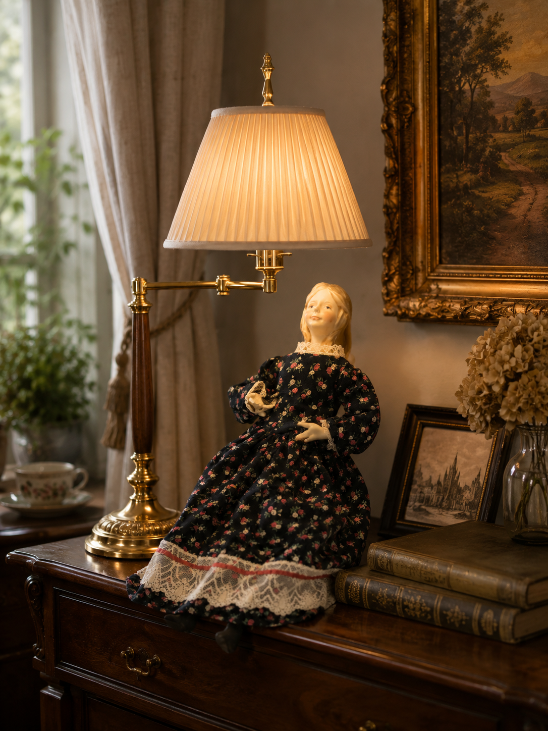 Antique Porcelain Lady Doll in Floral Lace Dress