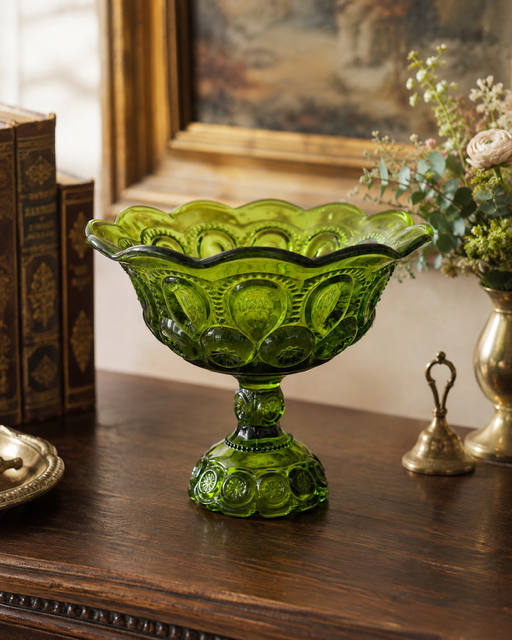 Vintage Avocado Green Pressed Glass Pedestal Bowl