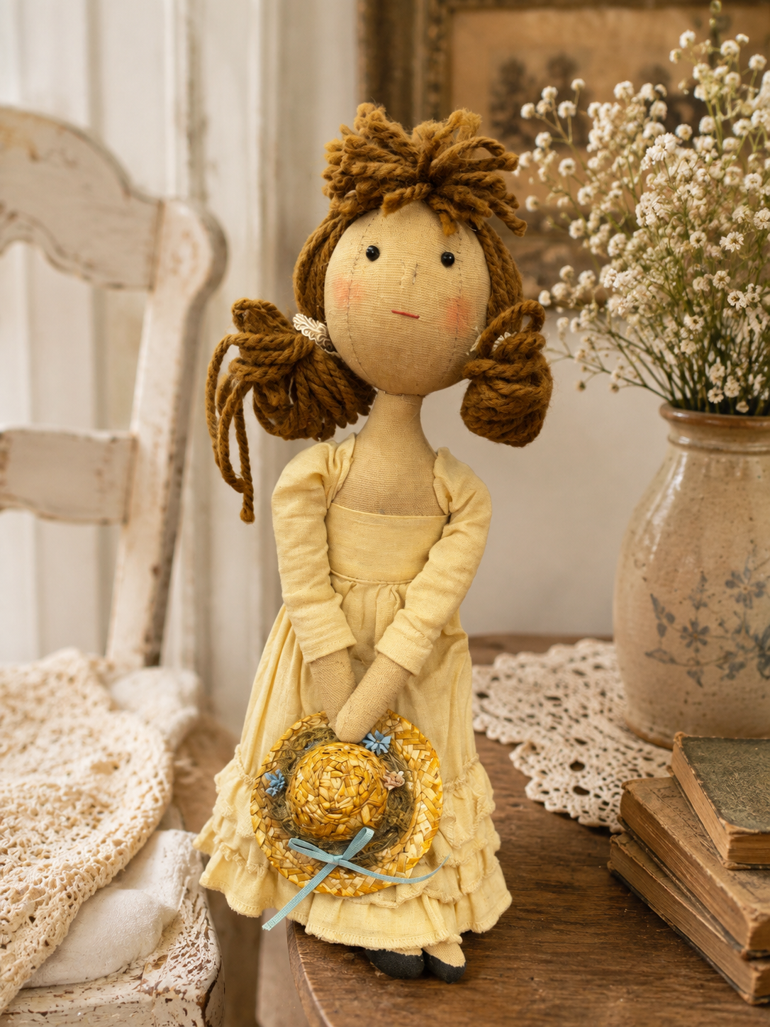 Handmade Folk Art Rag Doll with Straw Hat