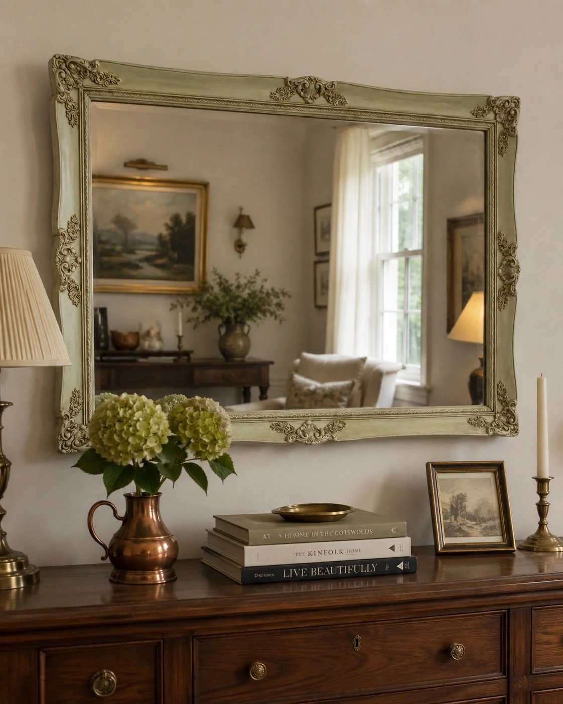 Vintage Ornate Sage Green & Gold Wall Mirror