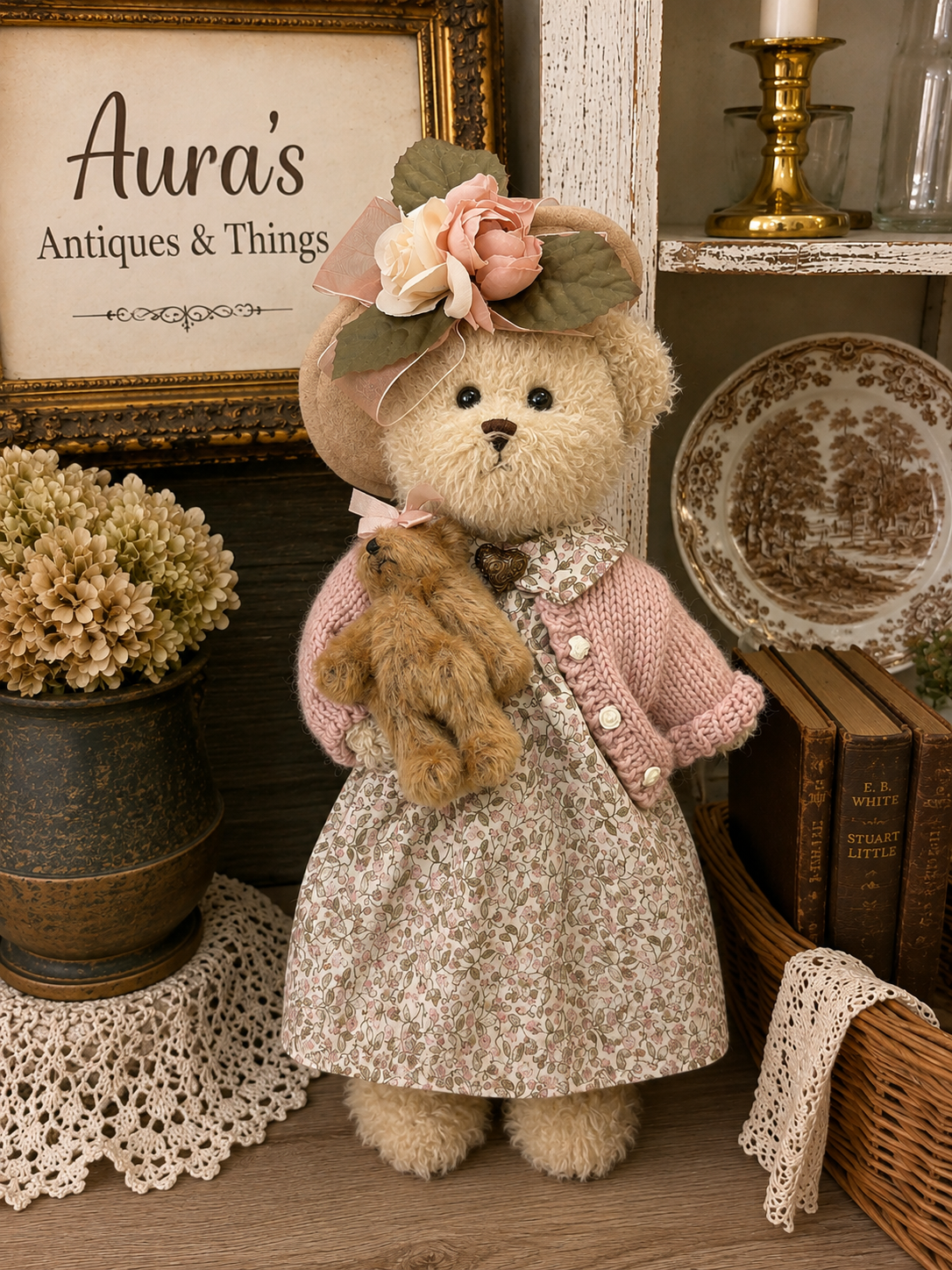 Vintage Dressed Teddy Bear with Miniature Teddy