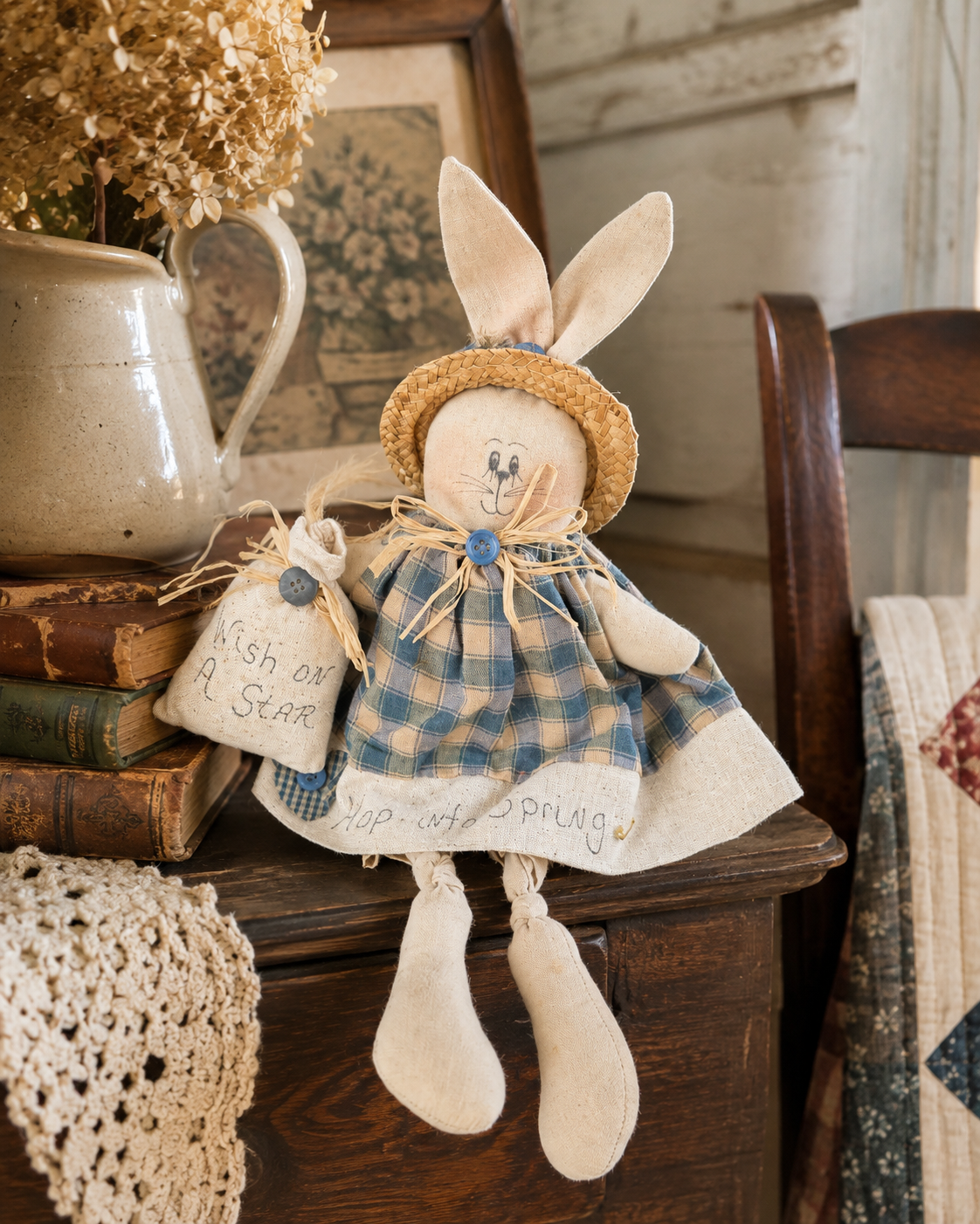 Vintage Handmade Spring Bunny Doll with “Wish on a Star” Bag