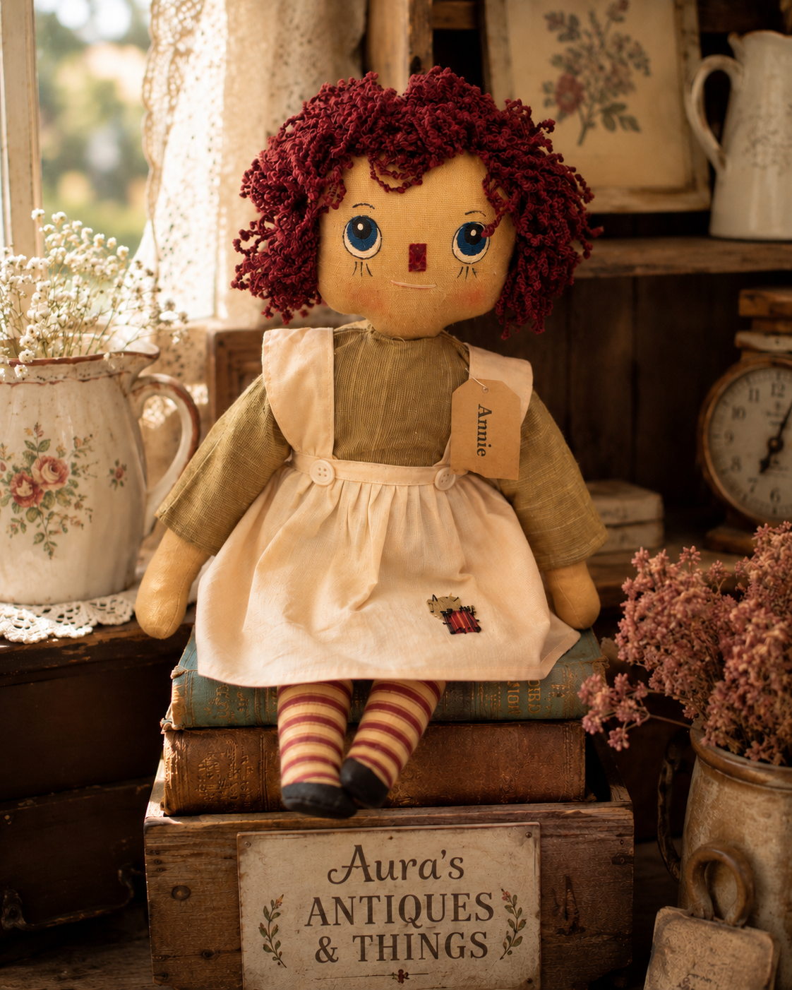 Vintage Handmade Rag Doll “Annie” in Pinafore Dress