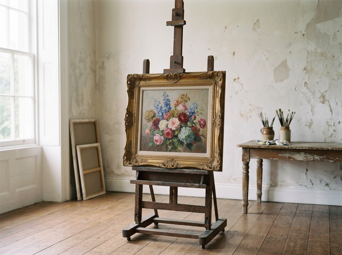 An artist's easel with a framed floral painting of various colorful flowers inside a rustic ornate frame, set in a room with a distressed wall, wooden floor, and a window.