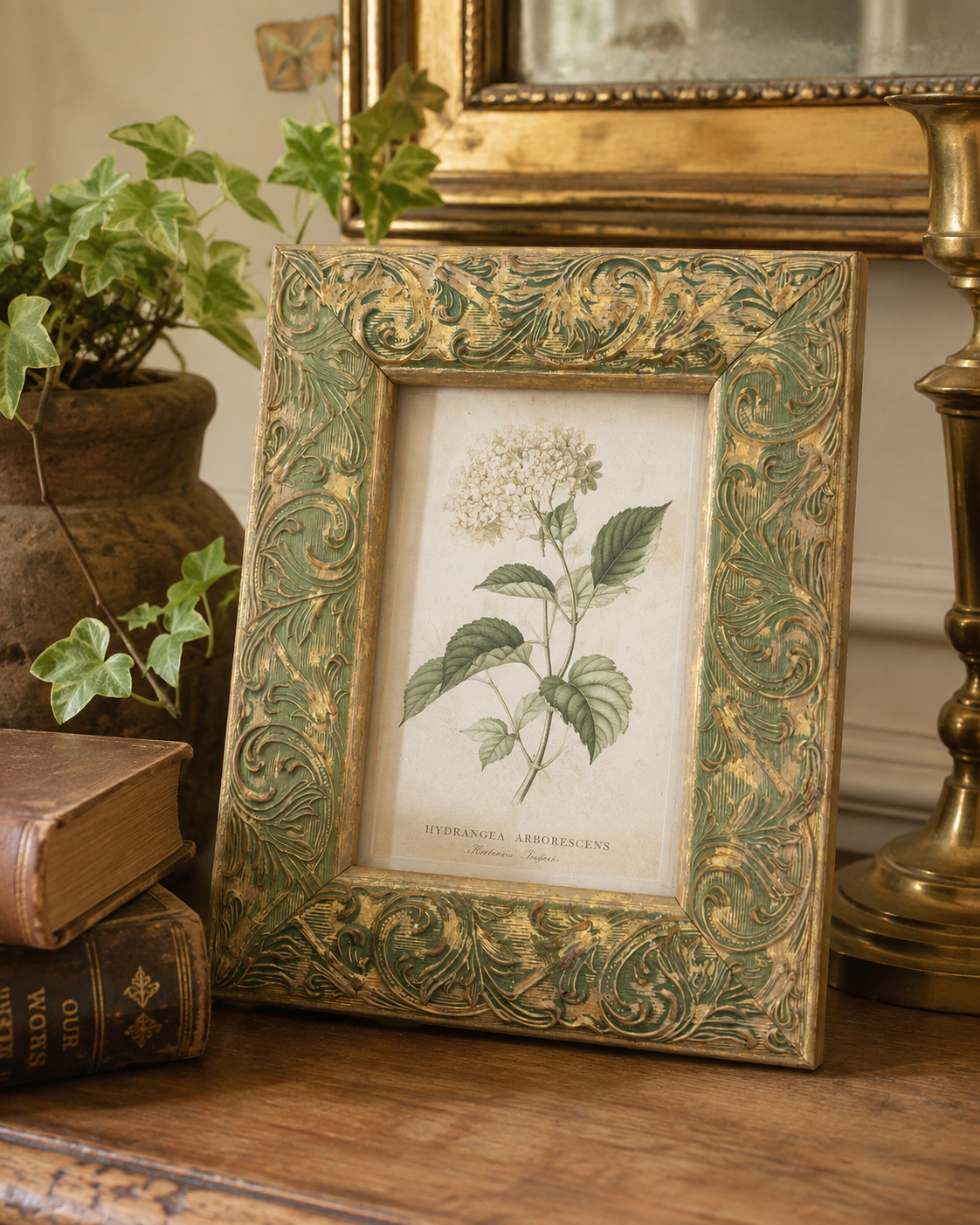 Ornate Vintage Green & Gold Carved Wood Picture Frame