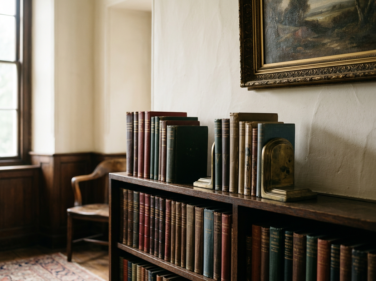 Wooden bookshelf filled with old hardcover books in a cozy room with a vintage armchair and framed painting on the wall.