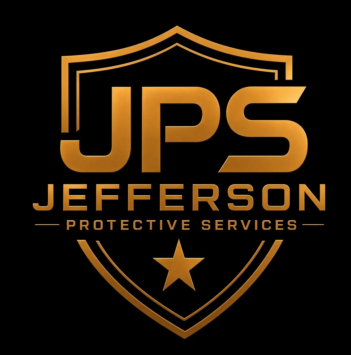 Gold and black logo for Jefferson Protective Services featuring a shield with a star at the bottom, the initials JPS at the top, and the company name and tagline in the center.