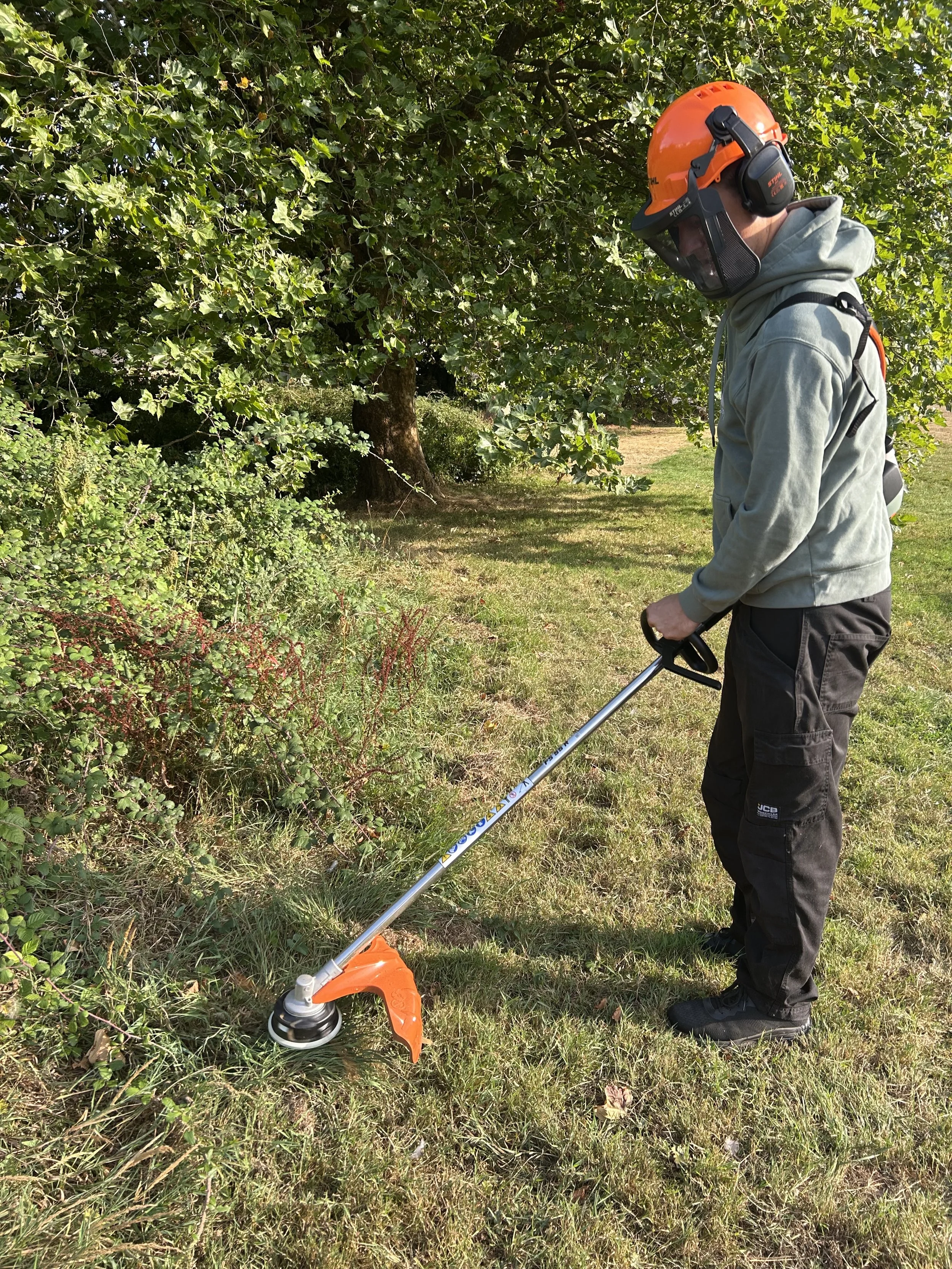 A person wearing a gray hoodie, black pants, and an orange safety helmet with ear protection and a face shield is trimming grass with a weed trimmer in a grassy area near bushes and trees.