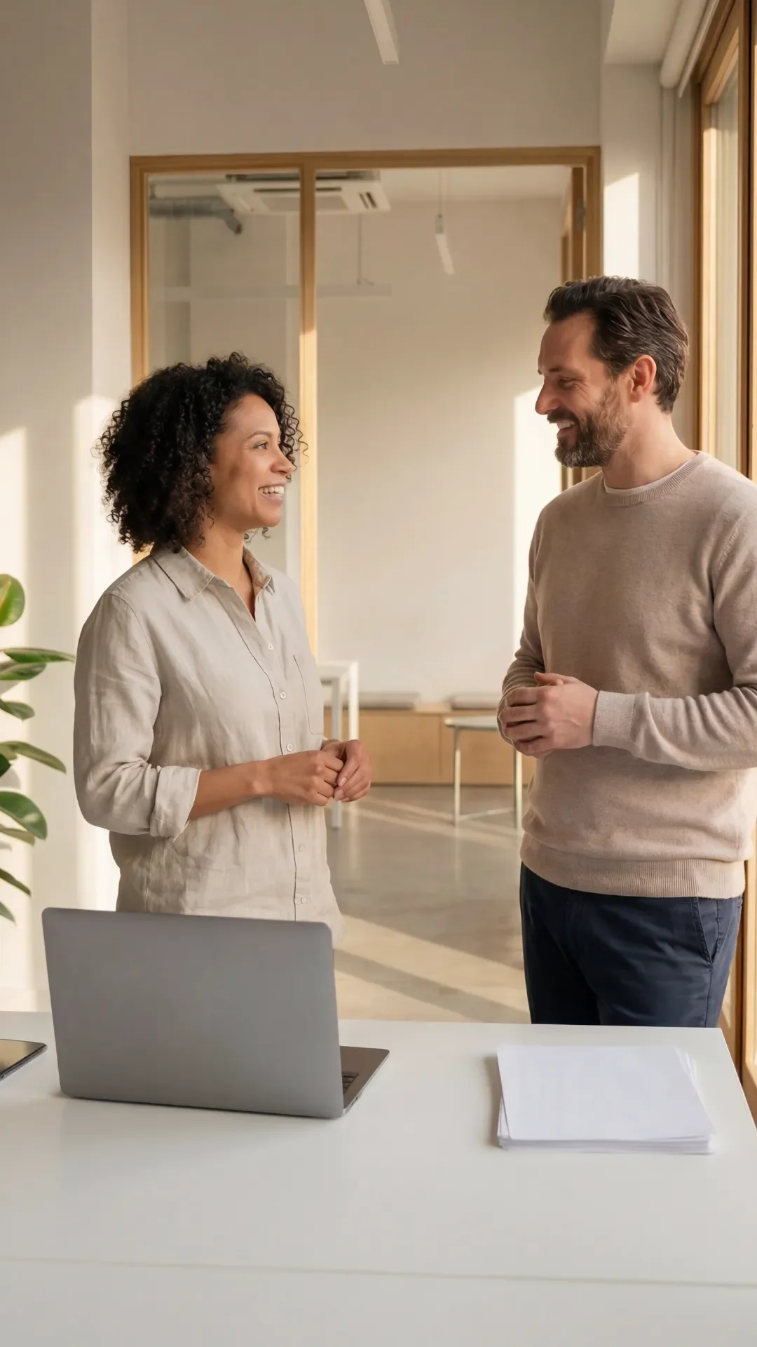 Une professionnelle et son client échangent avec le sourire debout dans un bureau lumineux et épuré devant un ordinateur portable
