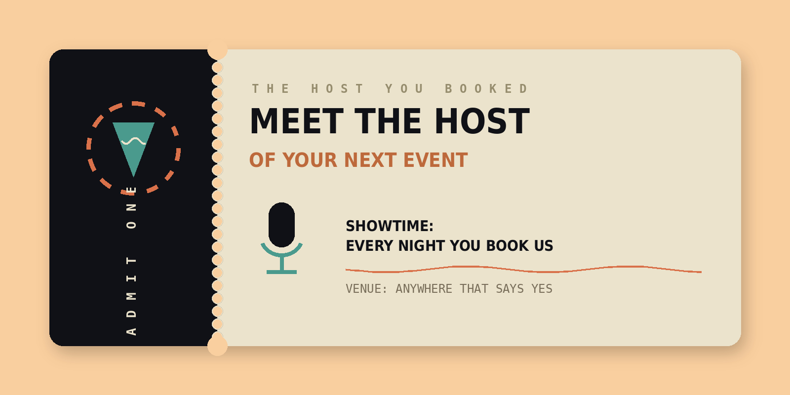 Event invitation for a hosting service, with a dark left side featuring a logo, and a beige right side with event details, including a microphone icon, showing it's an event every night.