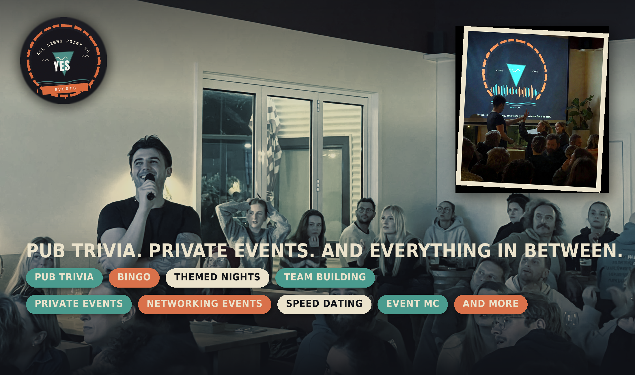 A group of people seated in a room attending a pub trivia event, with a person holding a microphone and a large screen displaying trivia questions in the background. The room has a wall-mounted sign reading 'All Signs Point to Yes Events'.
