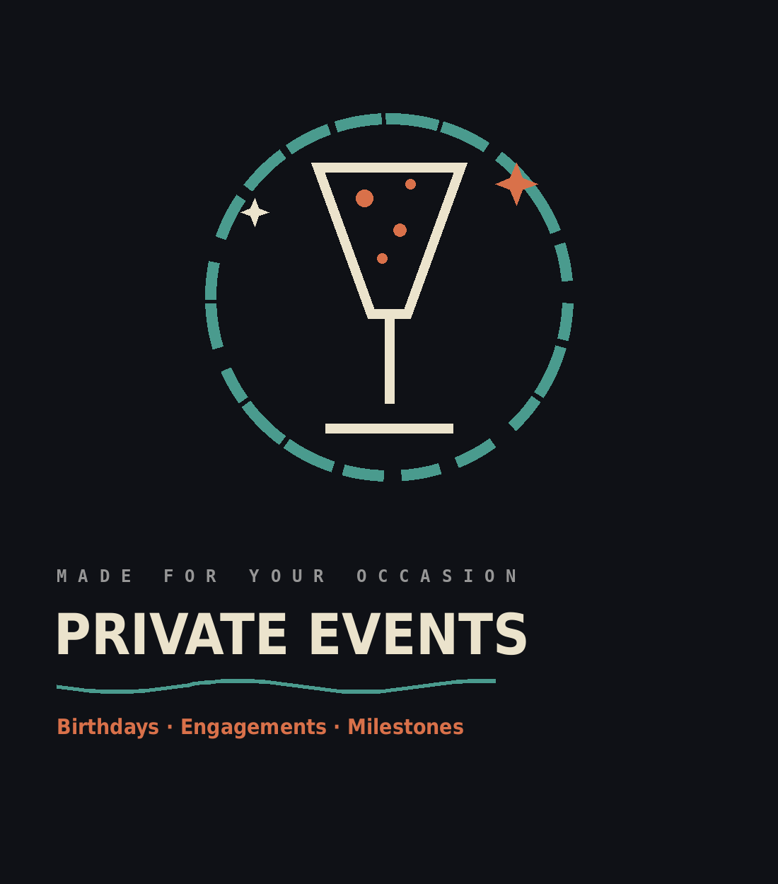 Design featuring a clock with a cocktail glass inside, highlighting private events like birthdays, engagements, and milestones.