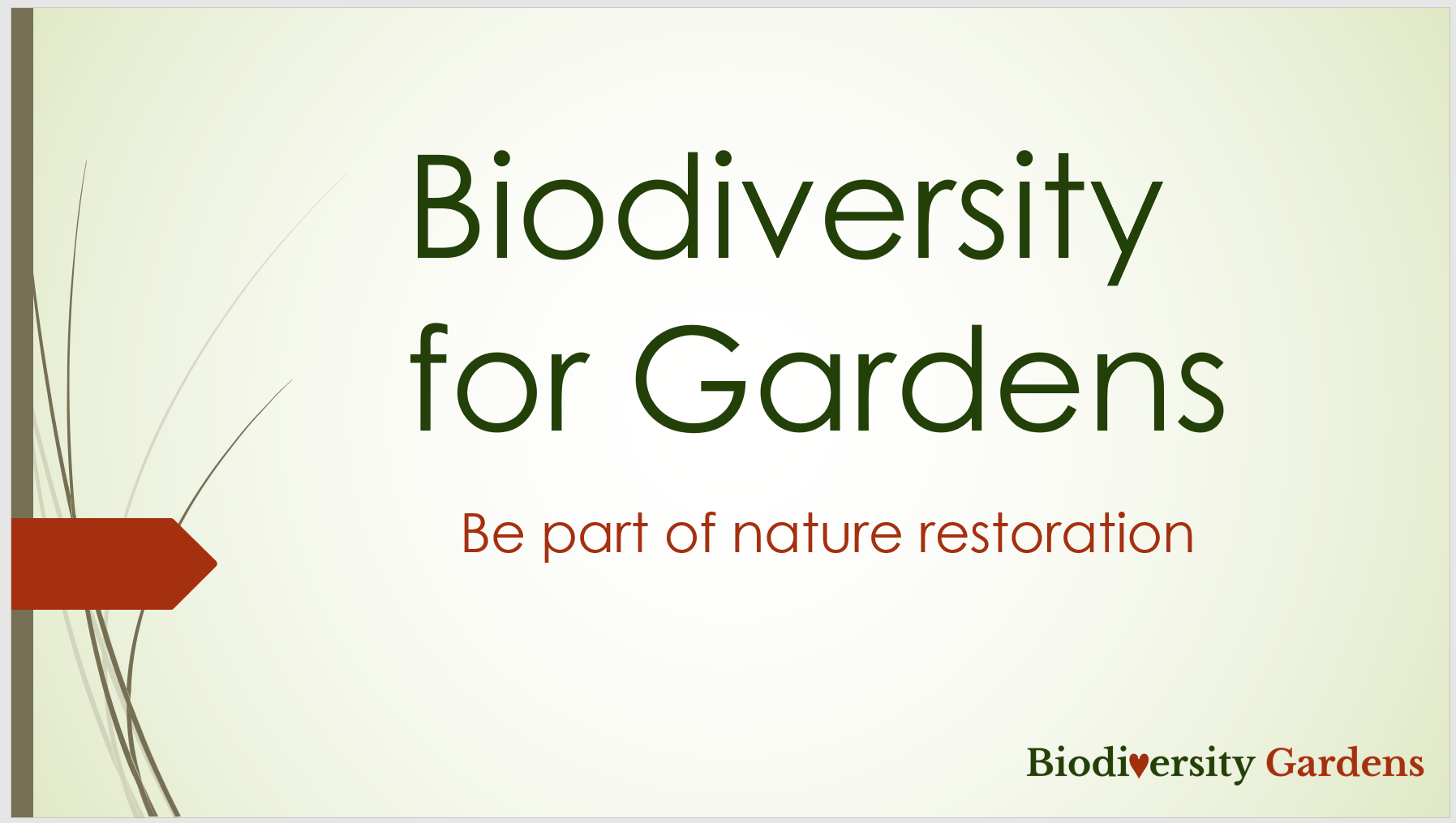 A presentation slide titled 'Biodiversity for Gardens' with the subtitle 'Be part of nature restoration.' The slide has a light green background with decorative brown lines on the left side and a red arrow pointing inwards. The bottom right corner contains the text 'Biodiversity Gardens' with the 'i' replaced by a red heart.