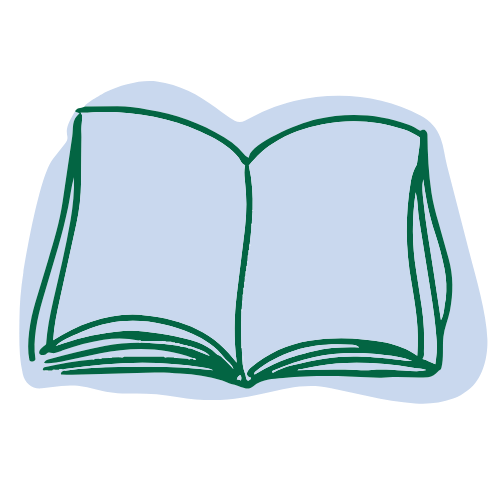 Line drawing of an open book with light blue pages and a green outline.