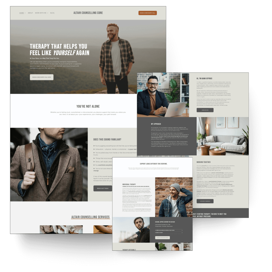 Website homepage for Altair Counselling template features a man in a plaid shirt smiling outdoors, with overlay text about therapy and self-care, and inner pages showing therapists and therapy services.