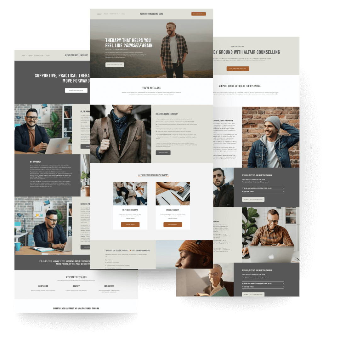 Altair Counselling Template, Screenshot of a mental health counseling website featuring images of diverse individuals, therapy services, and supportive messages.