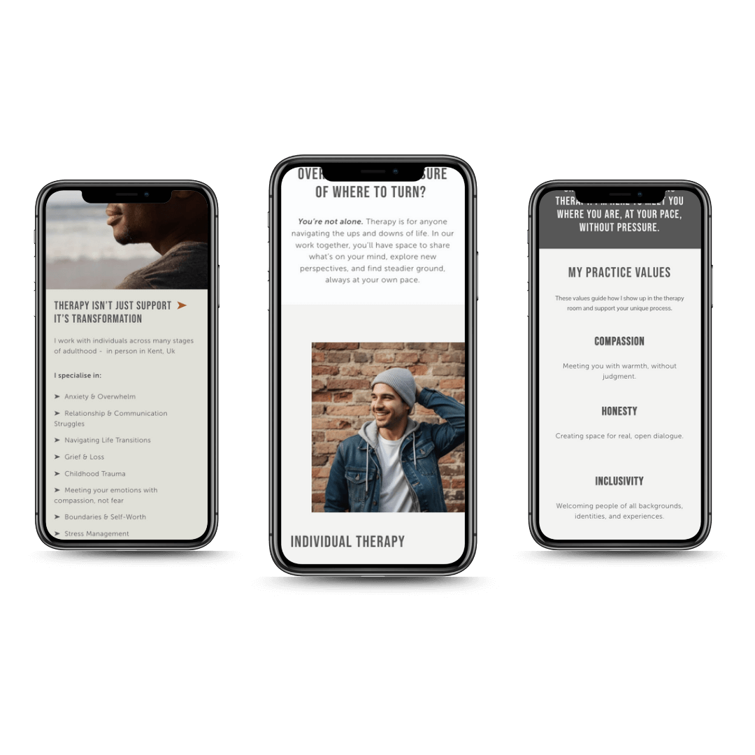 Three phones displaying Altair Counselling Template, it shows support types and specialization, the second features an individual smiling outdoors with the title 'Individual Therapy,' and the third outlines therapy values like compassion and honesty