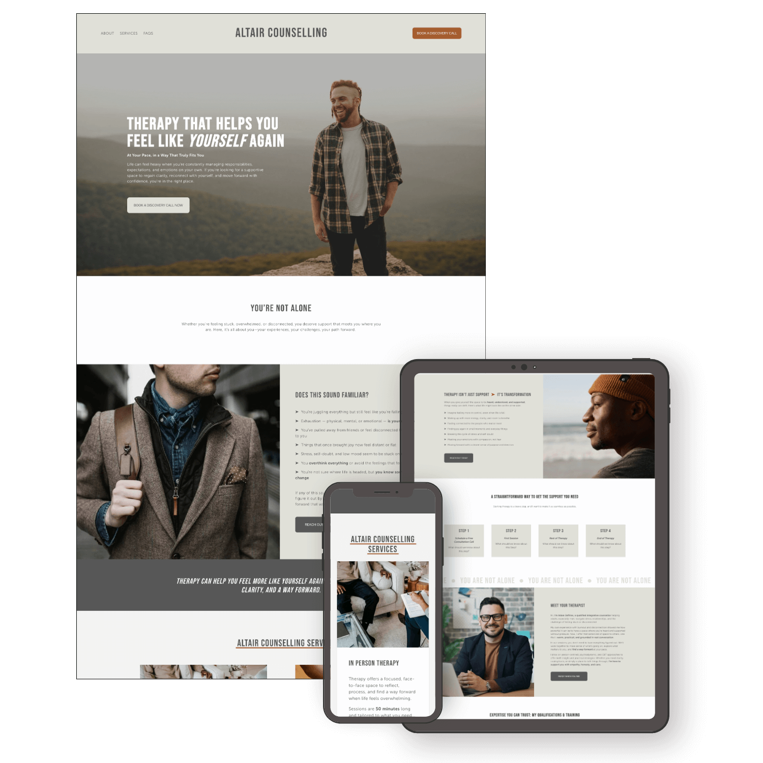Altair Counselling Website Template - Web pages on therapy services displayed on desktop and mobile devices, featuring images of people and information about counseling.