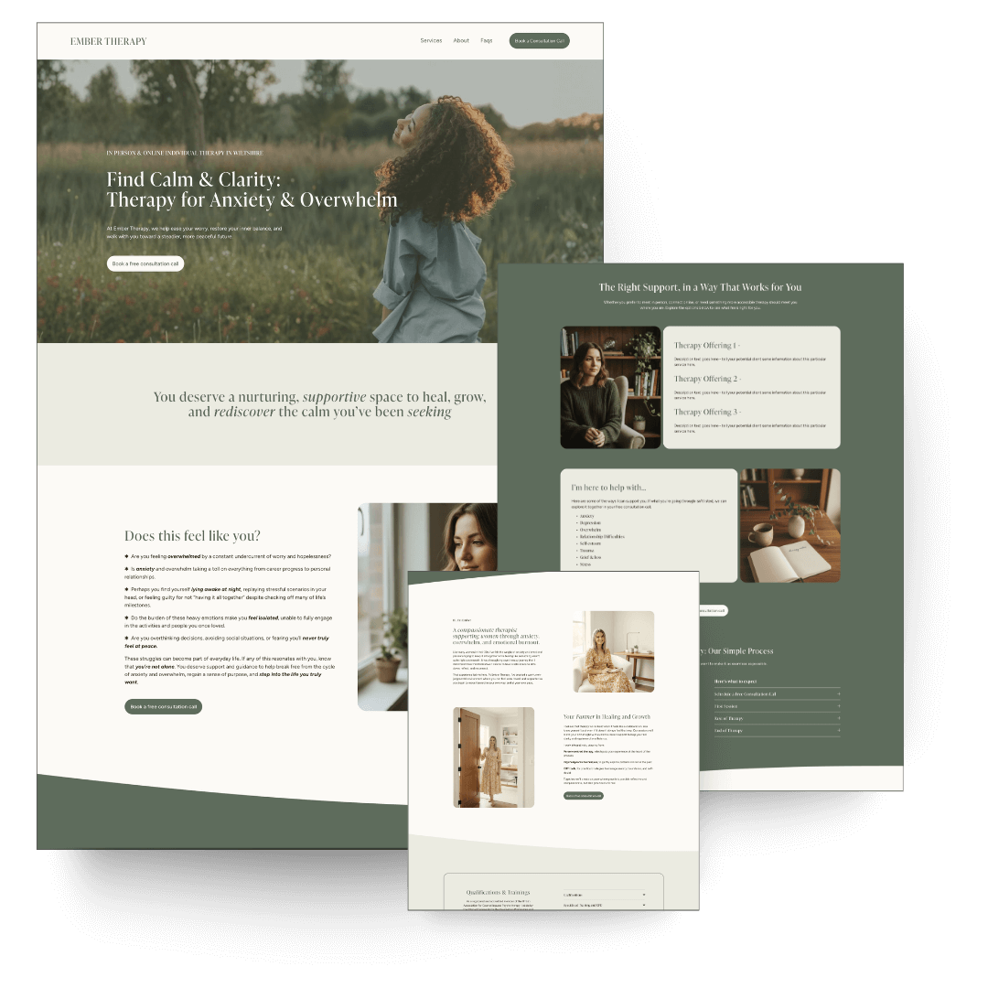 Screenshot of Ember Therapy website template for therapists and counsellors , offering mental health therapy services. The homepage features calming images of a woman outdoors and an interior of a therapy space.