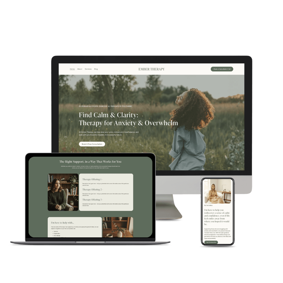 Responsive website design displayed on a desktop computer, laptop, and smartphone showcasing therapy services for anxiety and overwhelm with calm, nature-themed images and text.