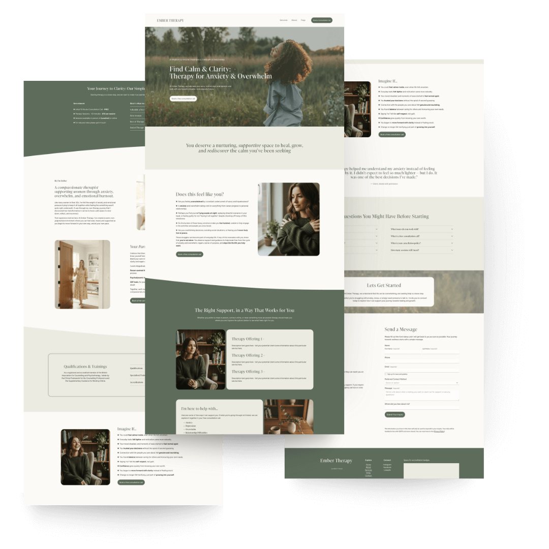 Screenshot of Ember Therapy website template for therapists and counsellors, offering anxiety and overwhelm therapy, featuring images of women, calm natural scenery, and therapy services.