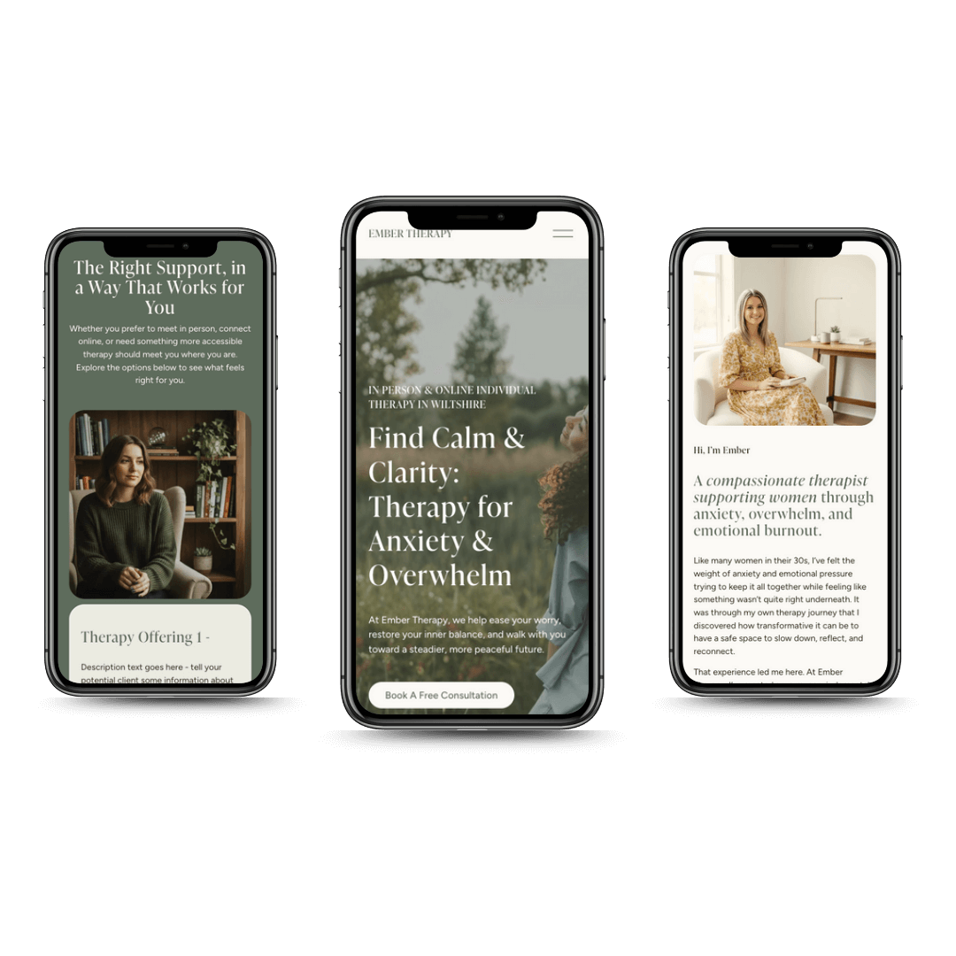 Three phones displaying Ember Therapy website template for therapists and counsellors . The first shows therapy support options, the second features a calm outdoor scene with a book button, and the third presents a therapist's profile.