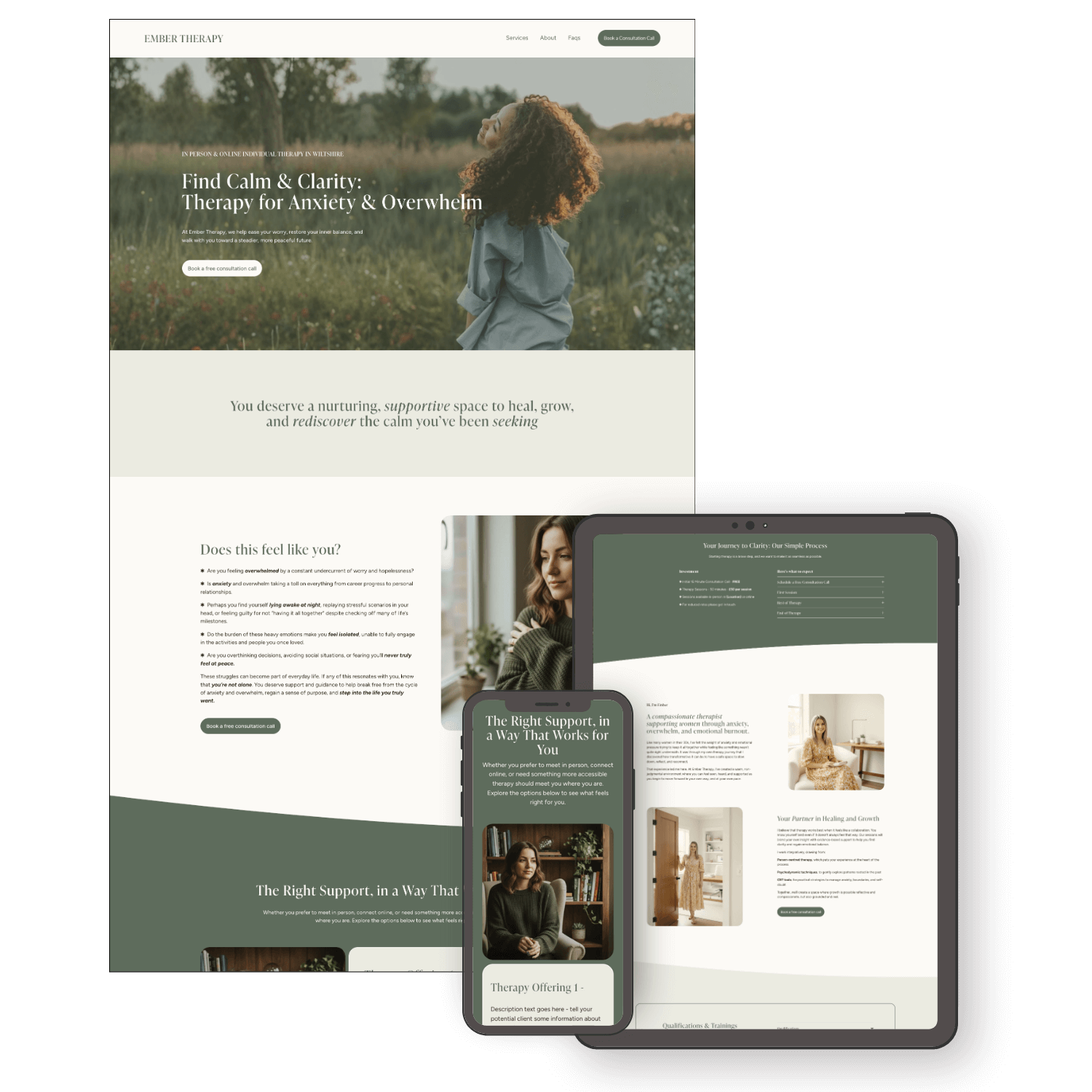 Ember Therapy website template for therapists and counsellors displayed on multiple devices including a desktop, tablet, and smartphone. The site promotes therapy for anxiety and overwhelm, featuring calming images of women and natural settings.