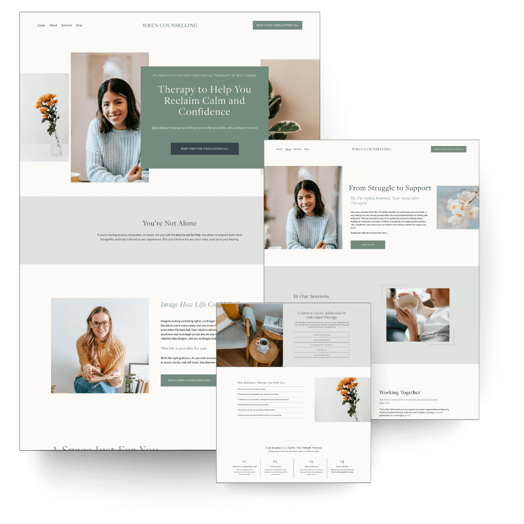Screenshots of a counseling website template named Wren Counselling, featuring images of smiling women, a flower arrangement, and text about therapy services, support, and booking consultations.