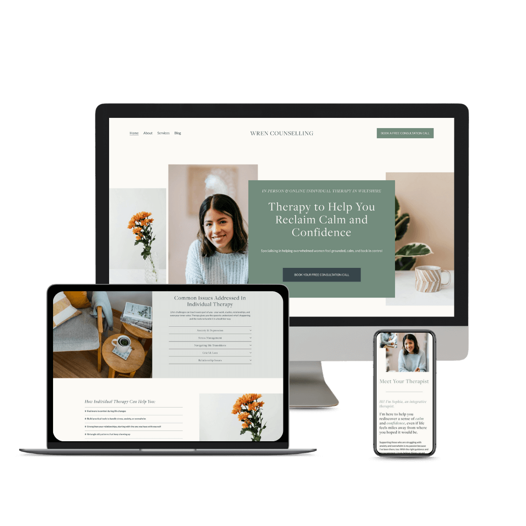 Website homepage for Wren Counselling template showcasing therapy services, a smiling woman, and contact options on various devices.